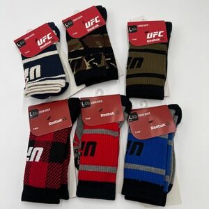 Reebok UFC Mens Crew Socks 5 Pack Large Camo Plaid Striped Cotton Blend